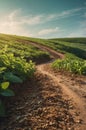 Serene Countryside Path Winding Through Lush Green Mint Plantation at Sunset Royalty Free Stock Photo