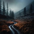 A winding dirt road through a misty forest.