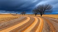 Winding dirt road through open fields under dramatic cloudy sky with leafless trees Royalty Free Stock Photo