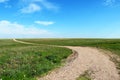 winding farm dirt road leading through pasture distance sunny