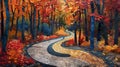 a winding footpath leading through a dense forest ablaze with autumn colors