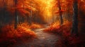 a winding footpath leading through a dense forest ablaze with autumn colors