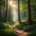 A winding forest path dappled with sunlight, leading deeper into the woods5 Royalty Free Stock Photo