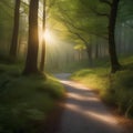 A winding forest path dappled with sunlight, leading deeper into the woods1