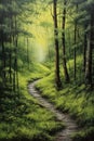 winding grass path through a lush woodland landscape