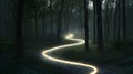 A winding, illuminated path glows through a dense, dark forest