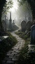 An old, stone path through an ancient, overgrown cemetery. Royalty Free Stock Photo