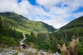 Winding logging road though a mountainous valley Royalty Free Stock Photo