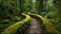 Winding moss-covered stone wall path through a lush, green, damp forest landscape Royalty Free Stock Photo