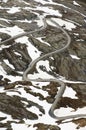 Winding mountain road from Geiganger fjord to Dalsnibba mountain peak in Geiranger, Norway. Royalty Free Stock Photo