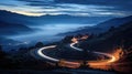 Winding mountain road at night, bathed in the ethereal glow of moving car lights