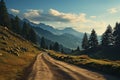 winding mountain road over alpine meadows at the edge of the forest, with a panoramic view, Austria. summer day with