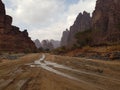 Winding mountain road with towering cliffs , Wadi Disah, Tabouk region, Saudi Ara Royalty Free Stock Photo