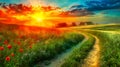 Winding Path Through Colorful Summer Fields at Sunset. A beautiful flowers field with a road running through it. Nature landscape Royalty Free Stock Photo