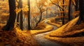 winding path covered in golden leaves through a forest