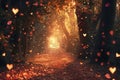 A winding path cuts through a dense forest, covered in an abundance of fallen leaves, A mysterious forest with heart-shaped leaves Royalty Free Stock Photo
