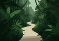 A winding path cuts through a dense jungle illustrated with various shades of green. Royalty Free Stock Photo