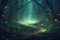 Winding path in enchanted night forest. Generative AI illustration