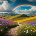 Winding Path Through a Field of Sunflowers Under a Rainbow