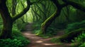 Winding path leading through a magical, ancient forest.