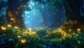 Enchanted forest with magical glowing lights. Mystical fairytale path in a dark, dreamy woods landscape at night. Royalty Free Stock Photo