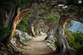 A winding path runs through a dense forest, flanked by tall trees and rugged rocks, An alley of ancient, twisted juniper trees in