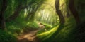 Winding path in summer forest. Generative AI illustration