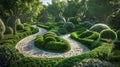 A winding pathway is dotted with topiaries shaped like different gauge bosons making for a playful and educational walk Royalty Free Stock Photo