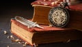 Winding pocket watch on old books with feathers and dried flower petals. Royalty Free Stock Photo