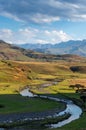 Tugela River, Village and Drakensberg Mountain Royalty Free Stock Photo