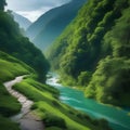 A winding river cutting through a lush green valley, with mountains in the background3 Royalty Free Stock Photo
