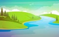 Winding River Mountain Forest Beautiful Rural Nature Landscape Illustration