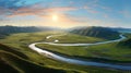 The winding rivers on the grassland in summer