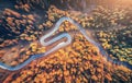 Winding road in autumn forest at sunset in mountains. Aerial vie Royalty Free Stock Photo