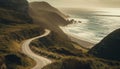 Winding road curves through idyllic coastal landscape generated by AI