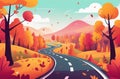 A winding road cuts through a stylized landscape flush with the warm hues of fall foliage