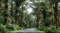 Lush Moss-Covered Forest Road with Distant Cars Royalty Free Stock Photo