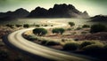 Winding road in the desert at sunset. 3D Rendering Royalty Free Stock Photo
