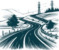 Winding Road Through Hilly Landscape in Detailed Technical Illustration Style Royalty Free Stock Photo