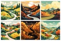 Winding road landscapes. Flat cartoon panorama with mountains hills and asphalt roads, nature country roadway views