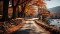 A winding road lined with trees displaying vibrant fall colors on a beautiful autumn day Royalty Free Stock Photo