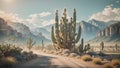 The winding road meanders through the vast expanse of the desert, flanked by resilient cacti that stand tall against the harsh
