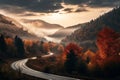 a winding road in the mountains with trees and fog Royalty Free Stock Photo