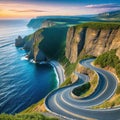 a winding road near the ocean with a view of the ocean in the distance and a cliff on the side of the road on the other side Royalty Free Stock Photo