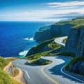 a winding road near the ocean with a view of the ocean in the distance and a cliff on the side of the road on the other side Royalty Free Stock Photo