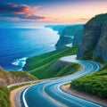 a winding road near the ocean with a view of the ocean in the distance and a cliff on the side of the road on the other side Royalty Free Stock Photo