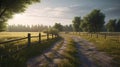 country road at sunset through grassy fields between fences with rustic wood posts. AI Generative Royalty Free Stock Photo