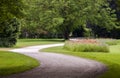 A winding road in the park with green grass and poppy flowerbed on the background Royalty Free Stock Photo