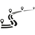 Winding road path. Location pin icon. Vector map journey. Navigation route sign.