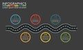 Winding road with 6 steps, options or levels. Step by step infographics template with road in shape of arrow. Vector illustration. Royalty Free Stock Photo